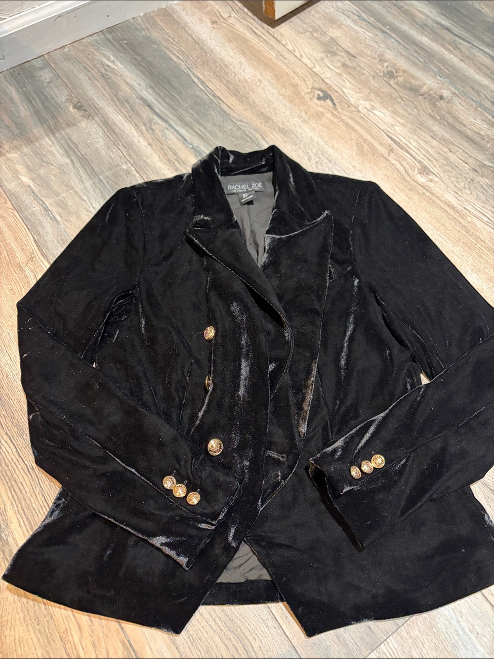 Rachel Zoe Black Velvet Double-Breasted Blazer with Gold Buttons